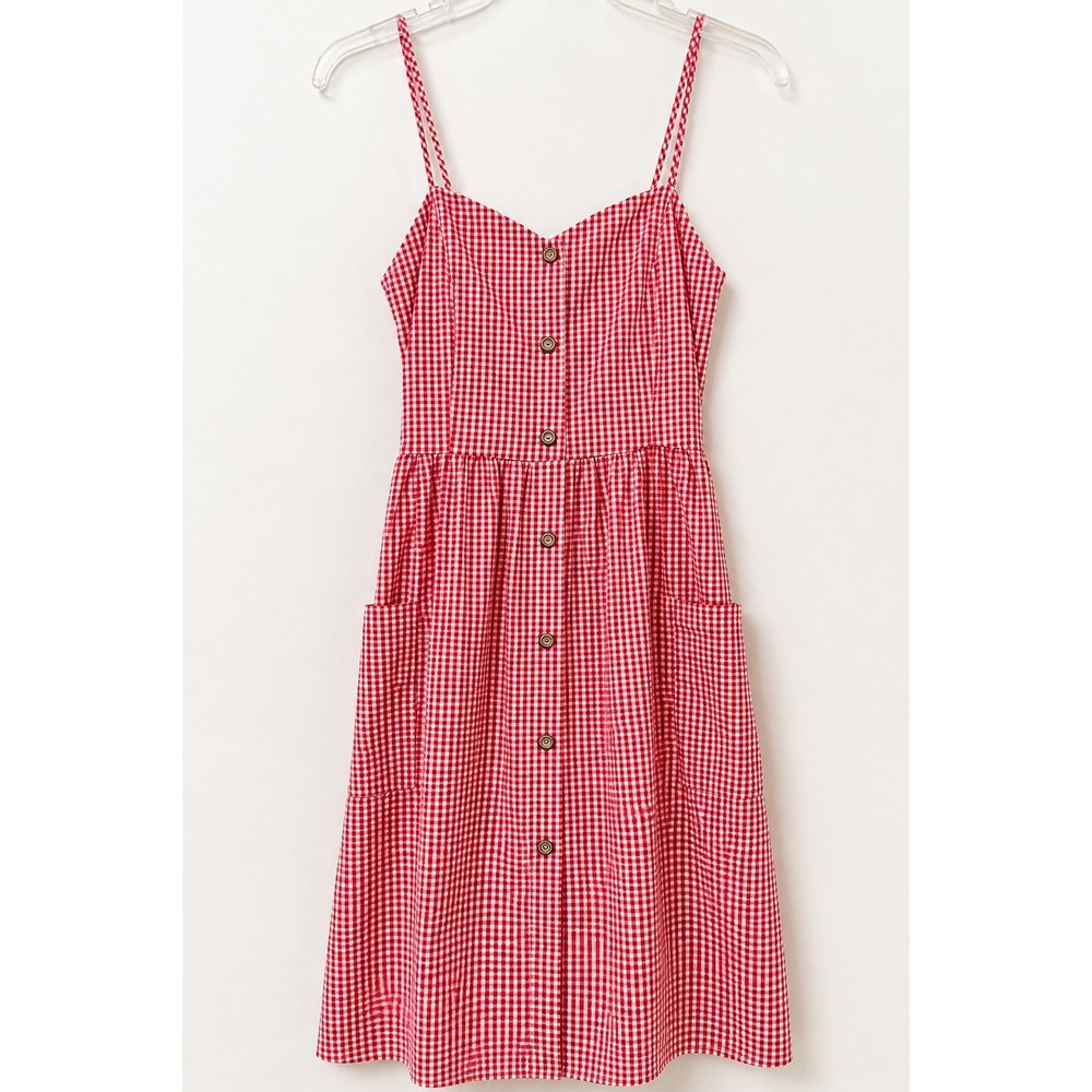 Potter's Pot Women Gingham Button Front Midi Dress L Red Cotton Blend Pockets